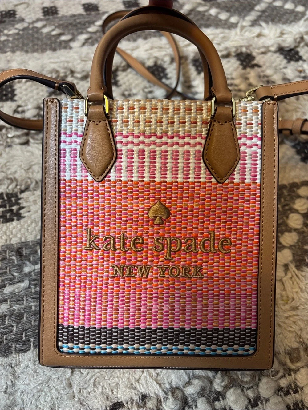 $359 Retail kate spade Pink Orange Tan Woven Mini Tote